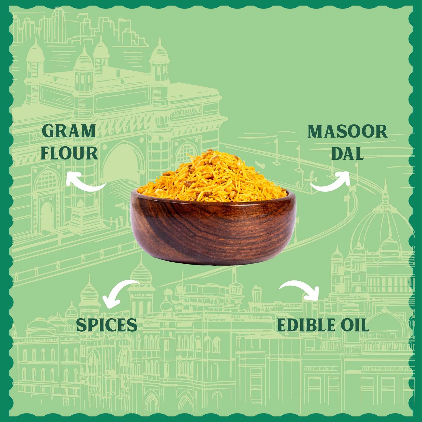Wooden bowl with yellow powder on a green background with architectural elements