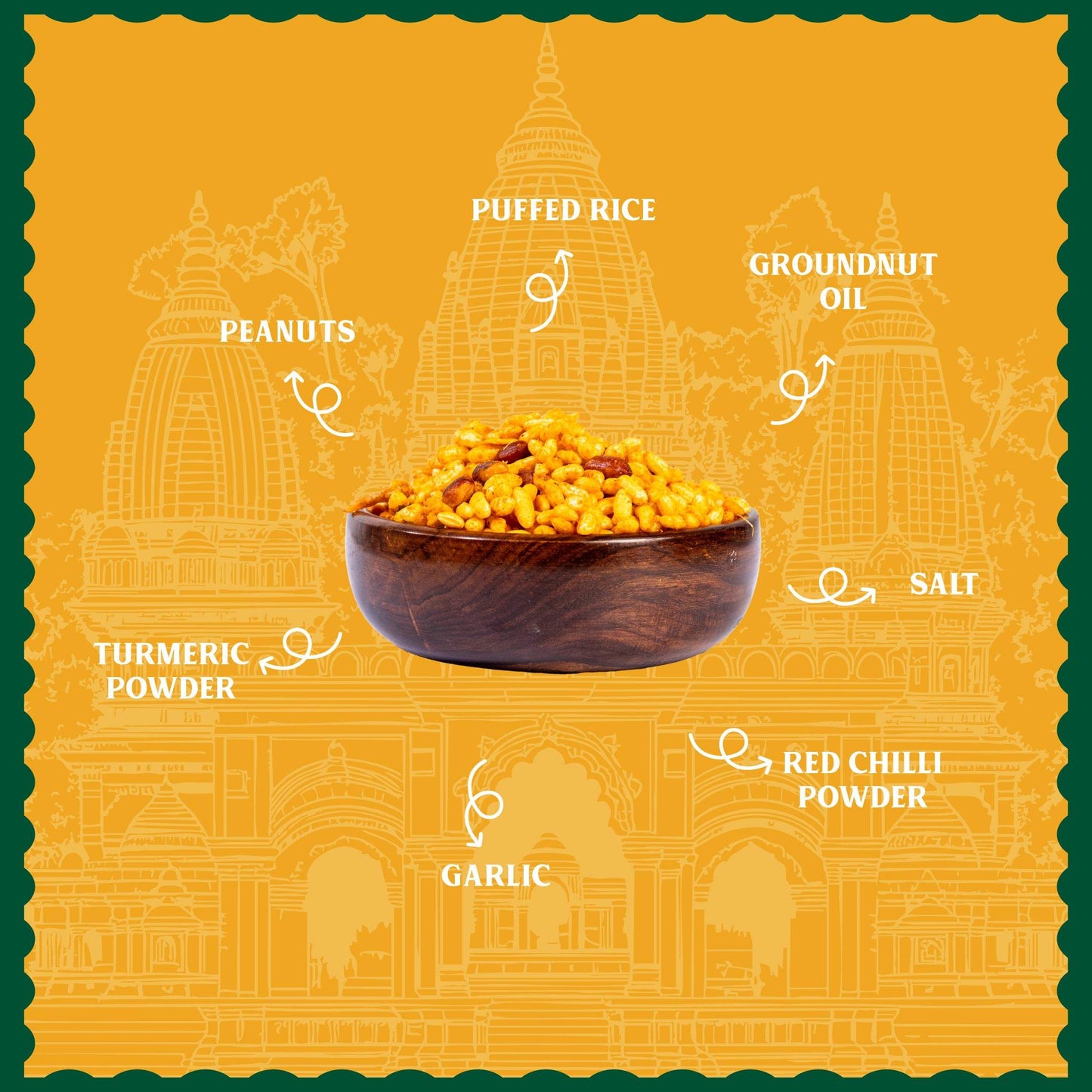 Bowl of puffed rice with labeled ingredients on a yellow background with temple illustrations