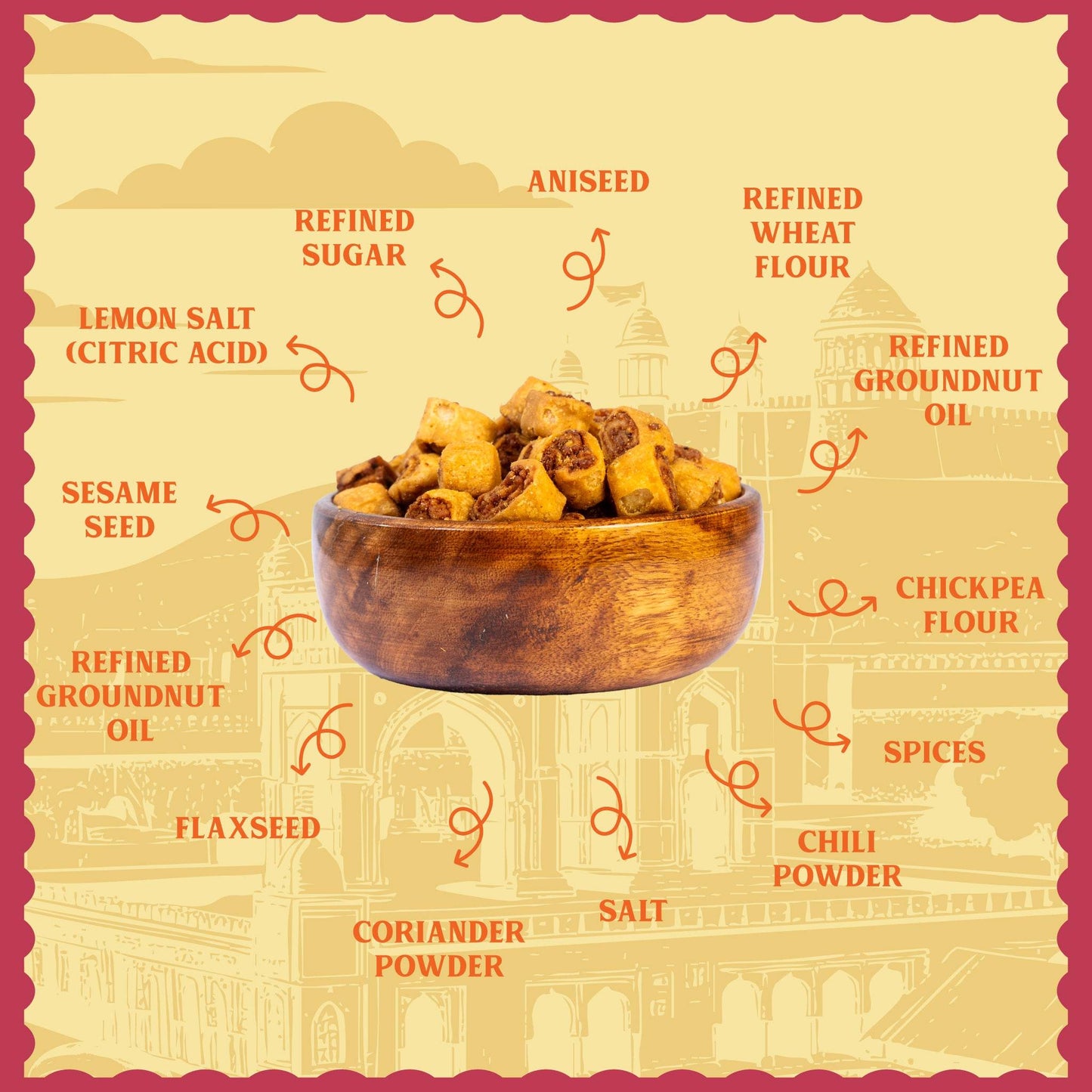 Wooden bowl with snacks on a decorative background with ingredient names.