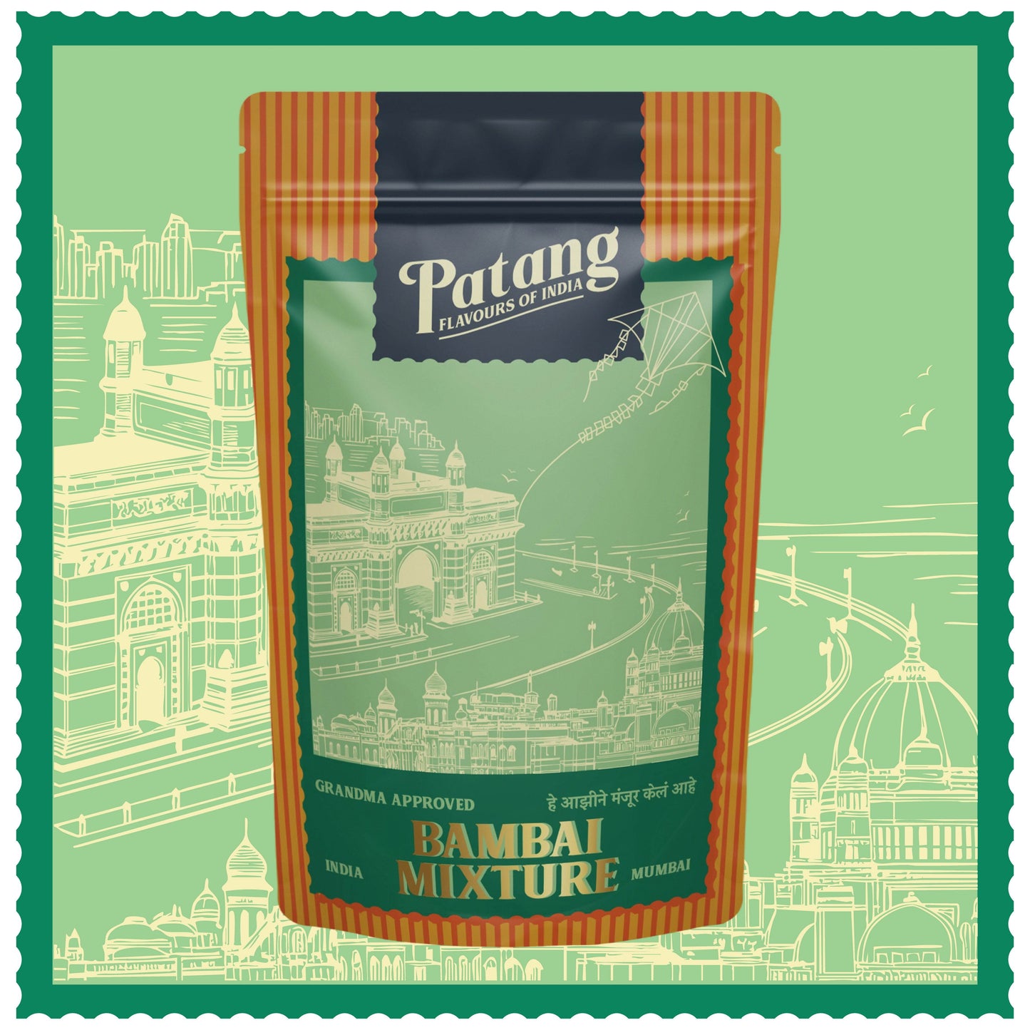Patang Bambai Mixture packaging with a green background and cityscape illustration.