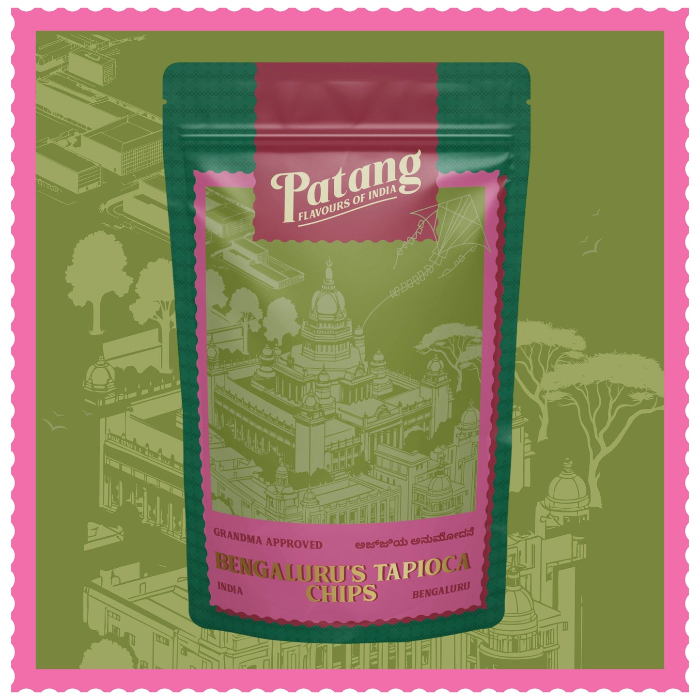 Patang brand packaging of Bengaluru's Tapioca Chips on a green background with architectural illustrations.