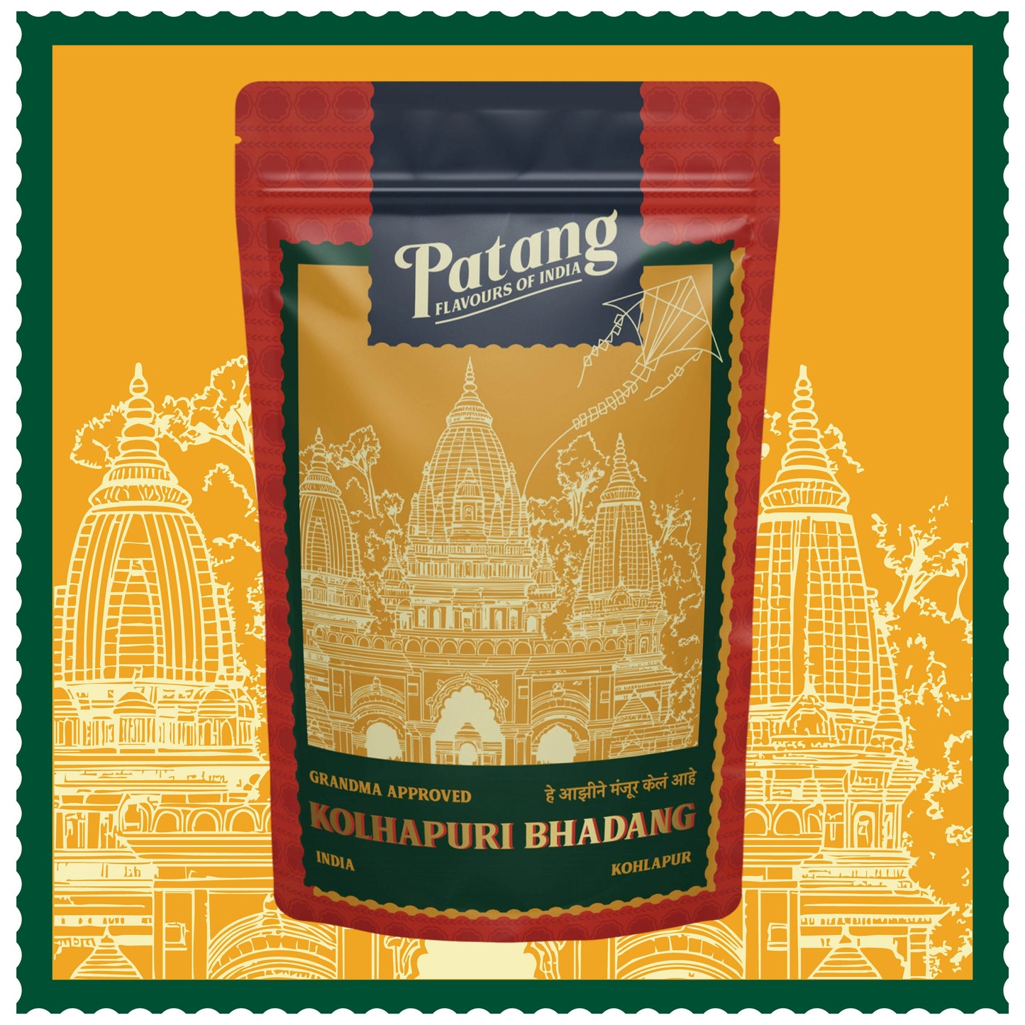 Patang Kolhapuri Bhadang packaging with temple design on a yellow background