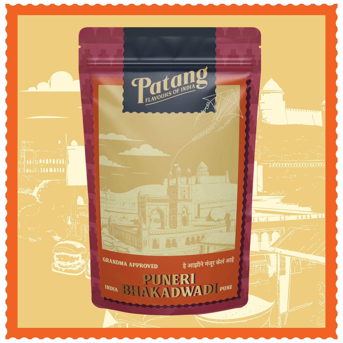 Patang Puneri Bhakadwadi packaging with a decorative background