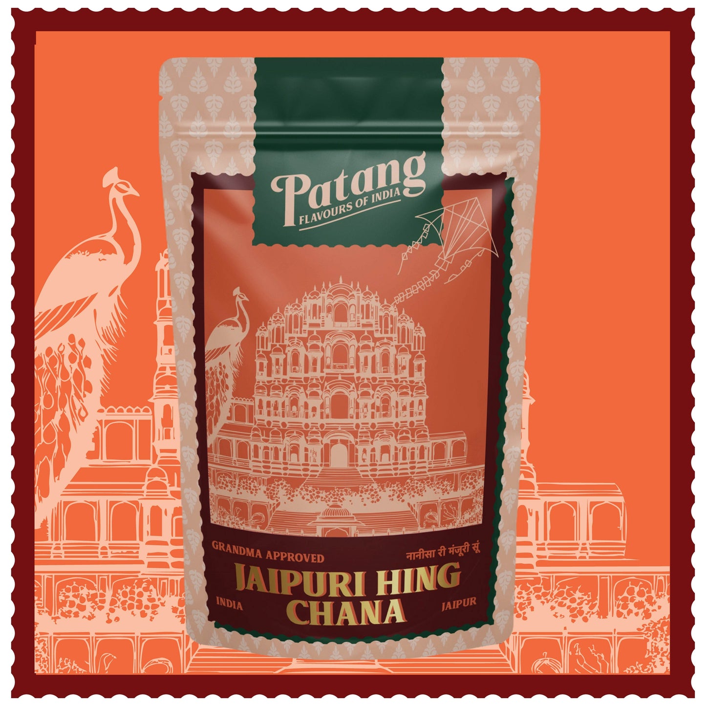 Patang Flavors of India packaging on an orange background with temple design