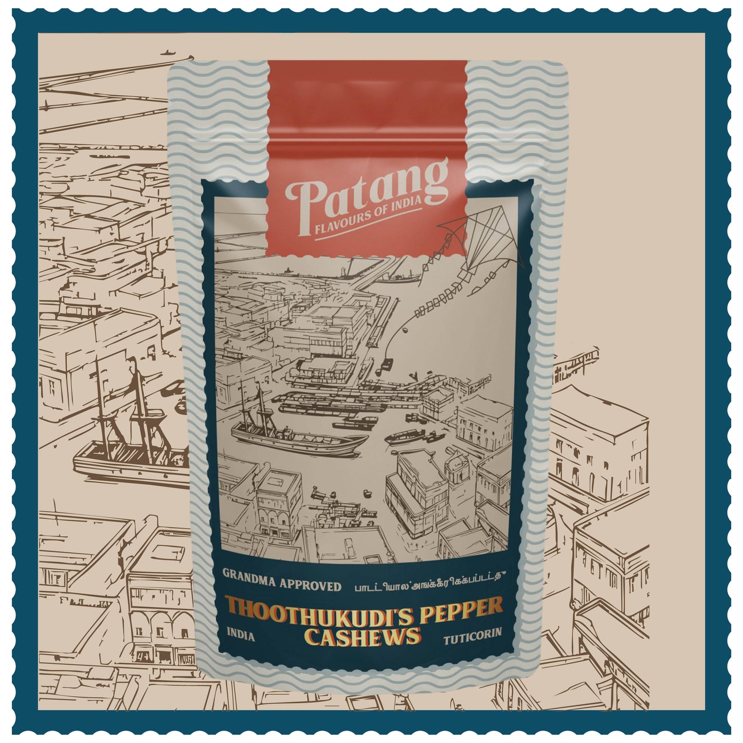 Vintage-style packaging of Patang Thoothukudi's Pepper Cashews with a port scene illustration.