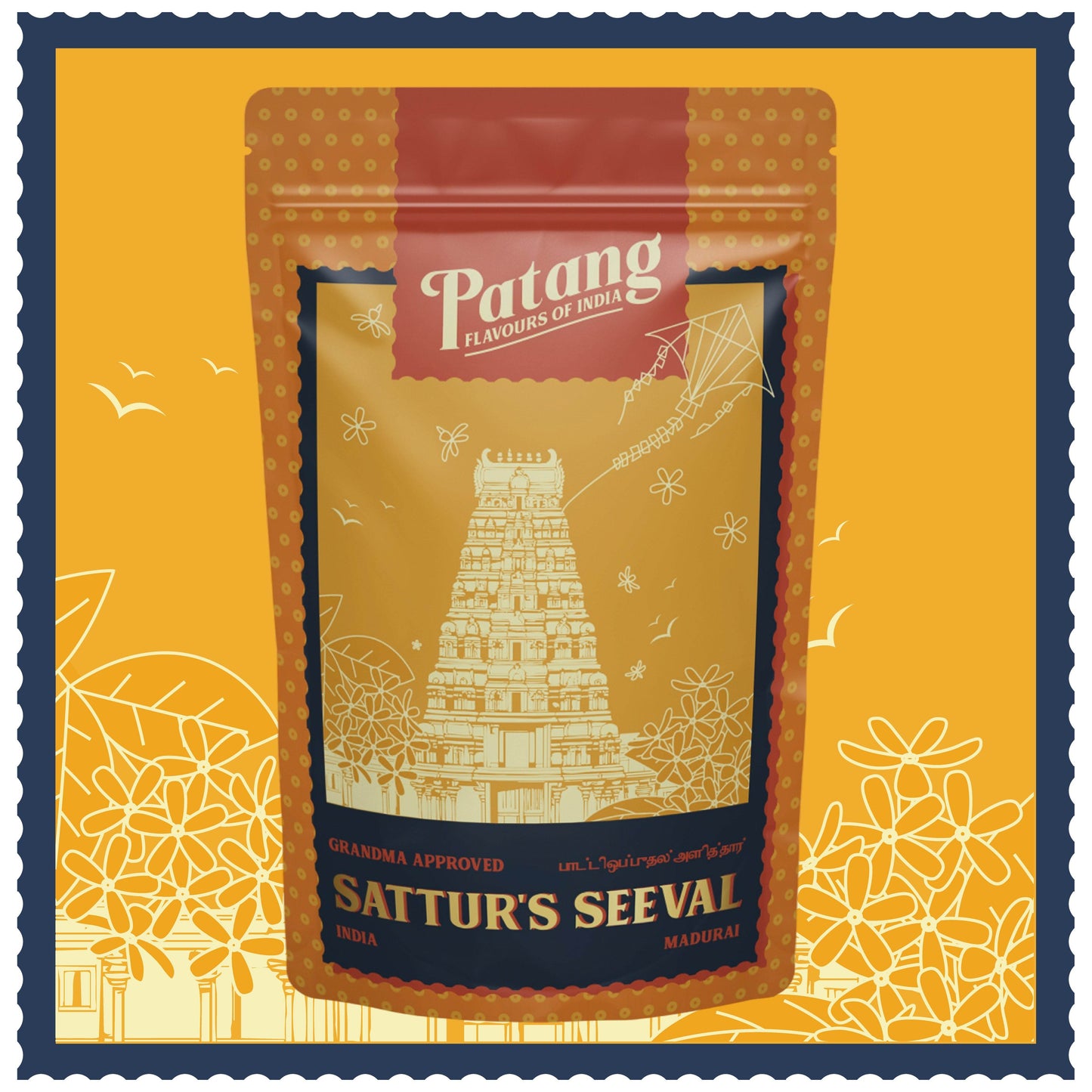 Patang Sattur's Seeval packaging on a yellow background with decorative elements.