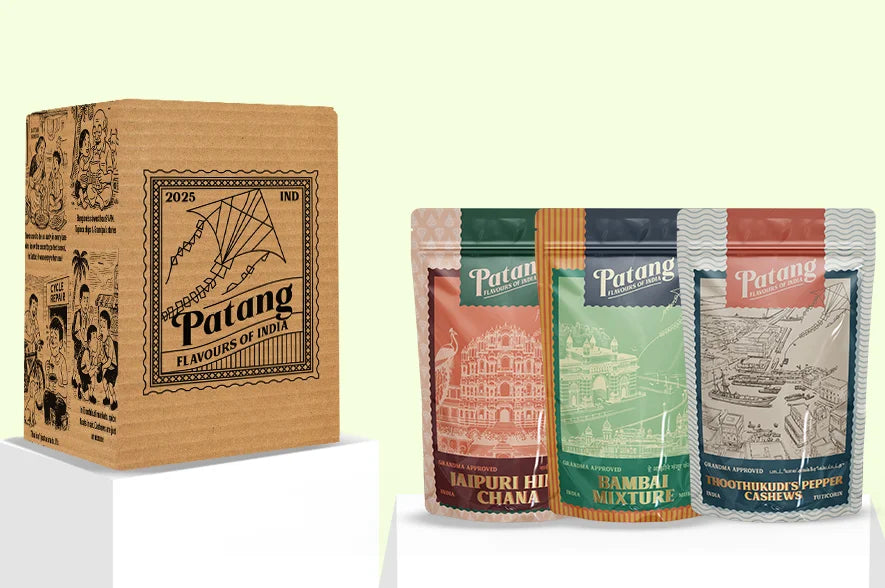 Patang brand packaging including a cardboard box and three smaller packages on a light green background.