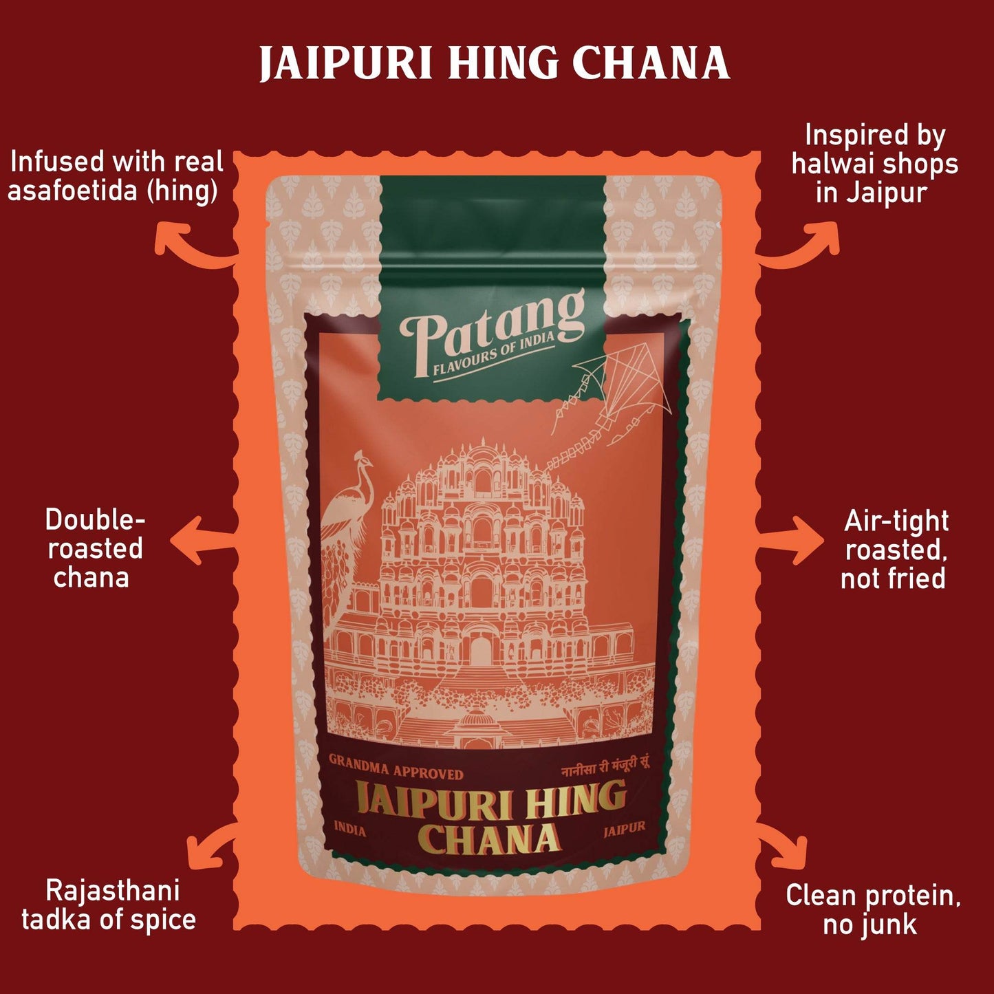 Patang Jaipuri Hing Chana packaging with product details on a red background