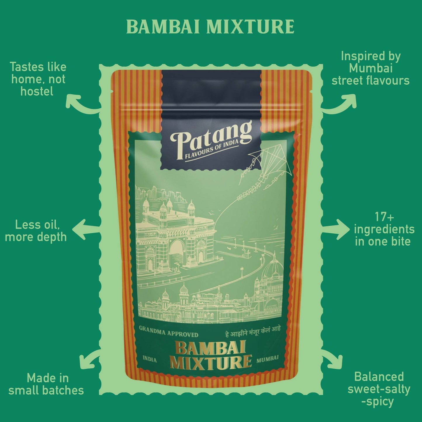 Patang Bambai Mixture packaging with text on a green background