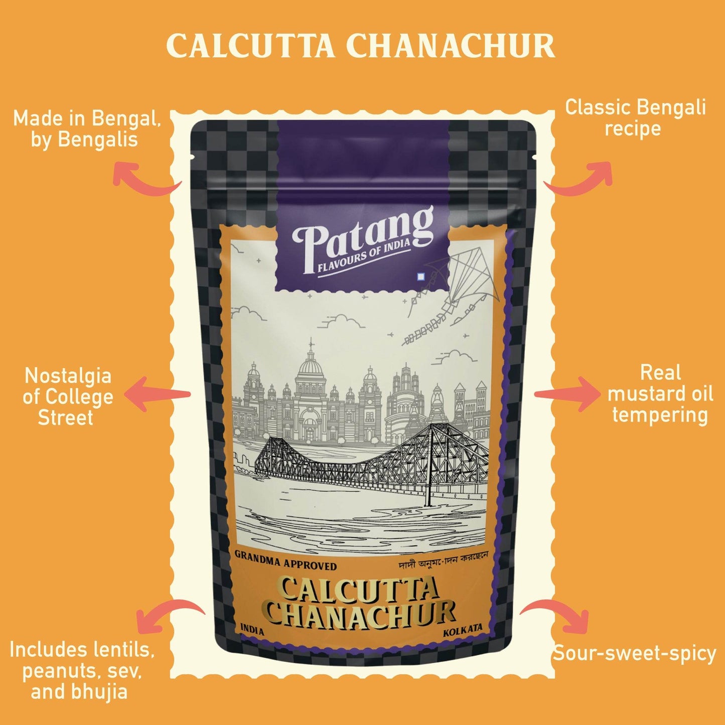 Patang Calcutta Chanachur packaging with text on an orange background