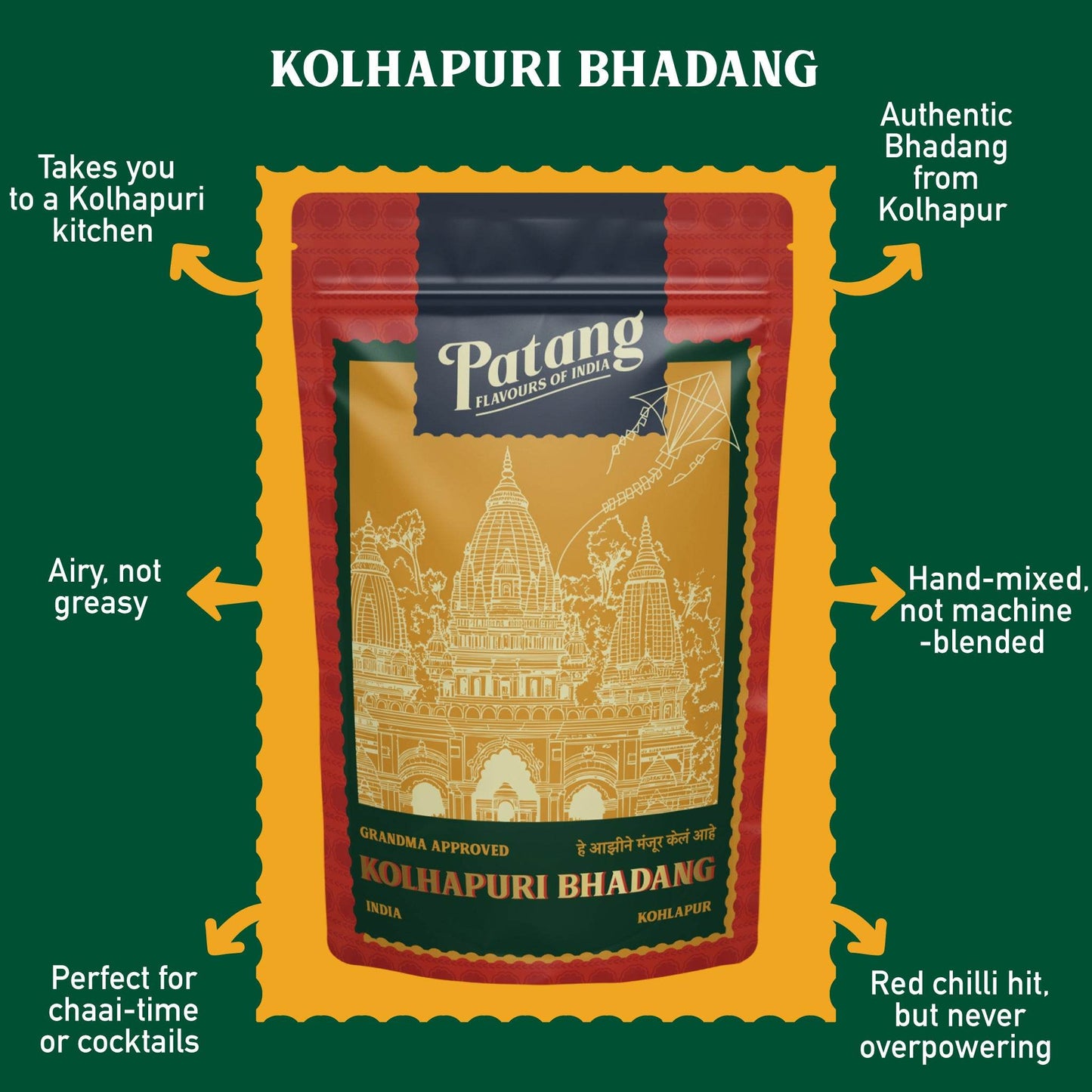 Patang Kolhapuri Bhadang packaging with text on a green background
