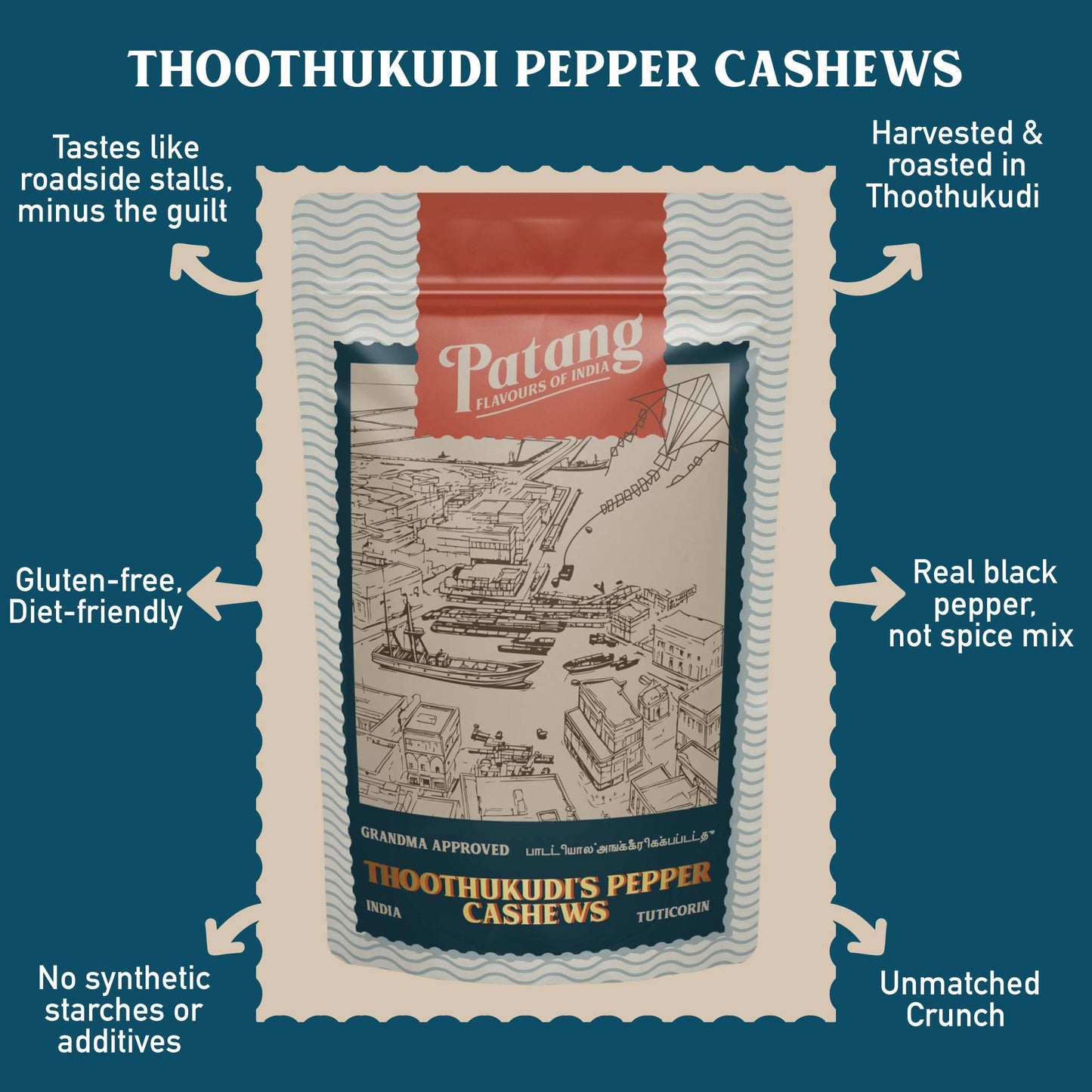 Patang Thoothukudi Pepper Cashews packaging with product details on a blue background