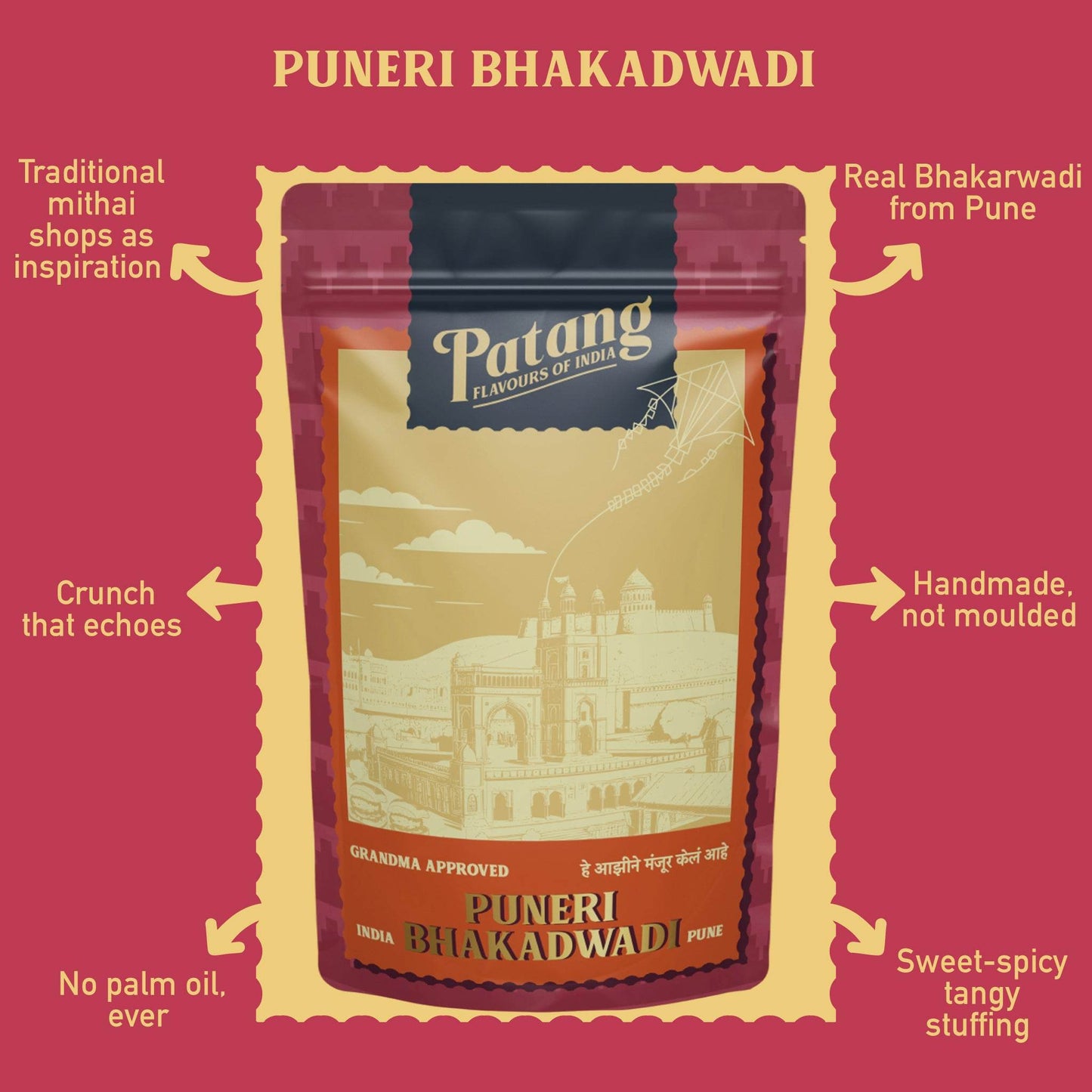 Patang Puneri Bhakadwadi packaging on a red background with text describing features.