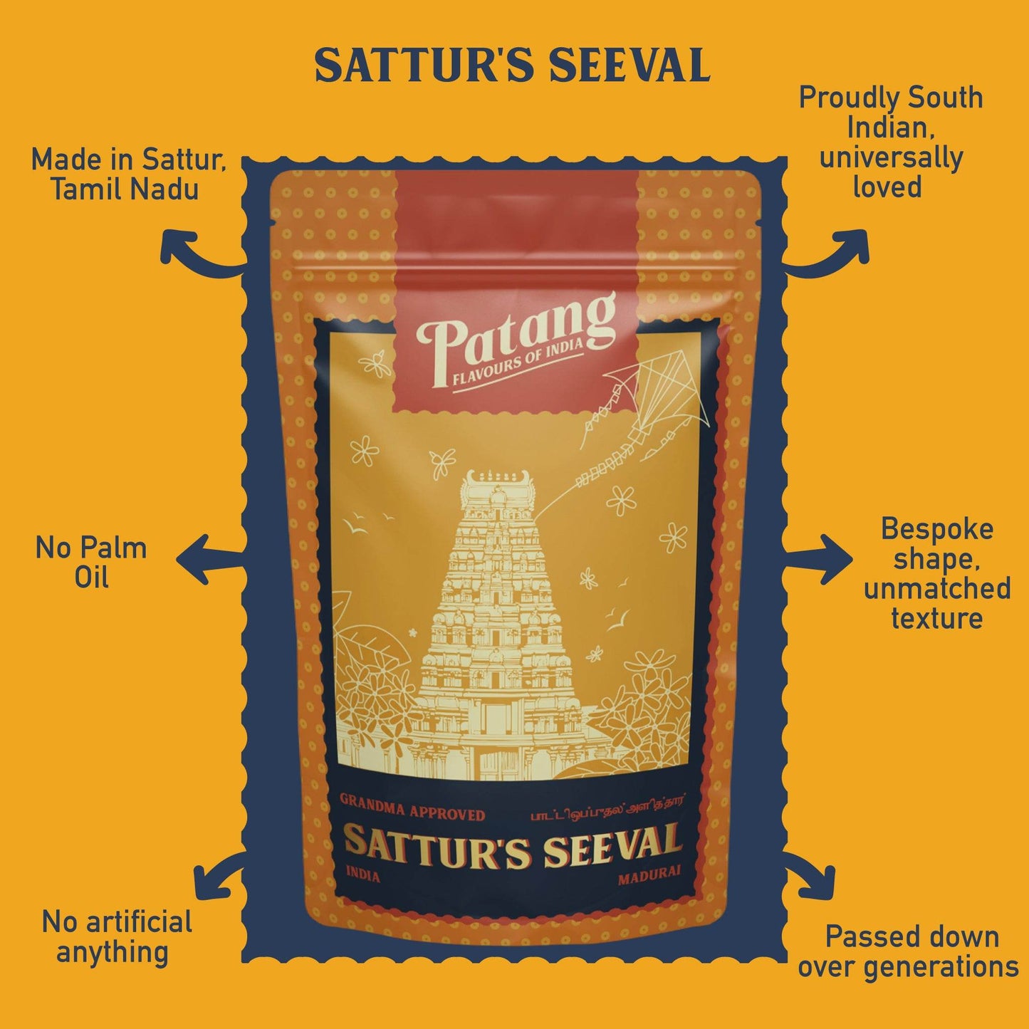 Patang Sattur's Seeval packaging with product details on a yellow background