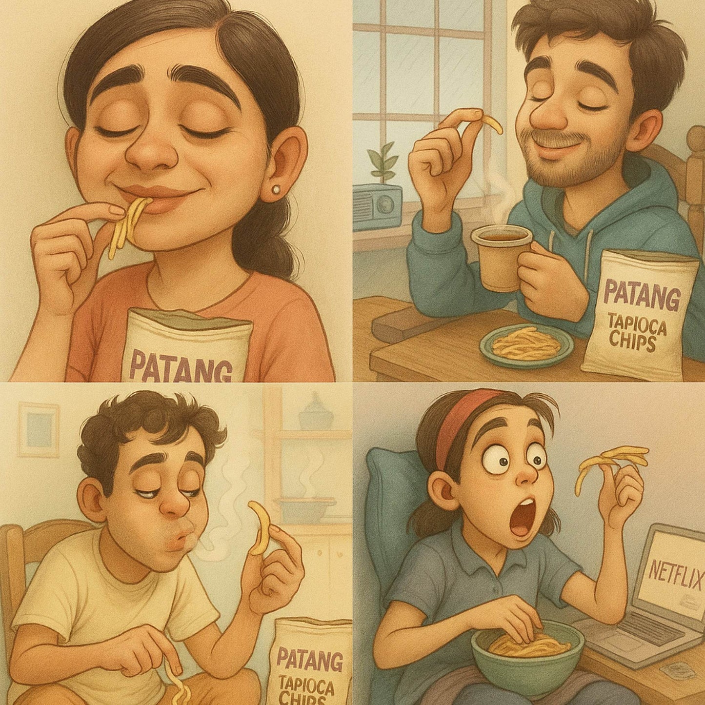 Illustrations of a person enjoying Patang tapioca chips in various settings.