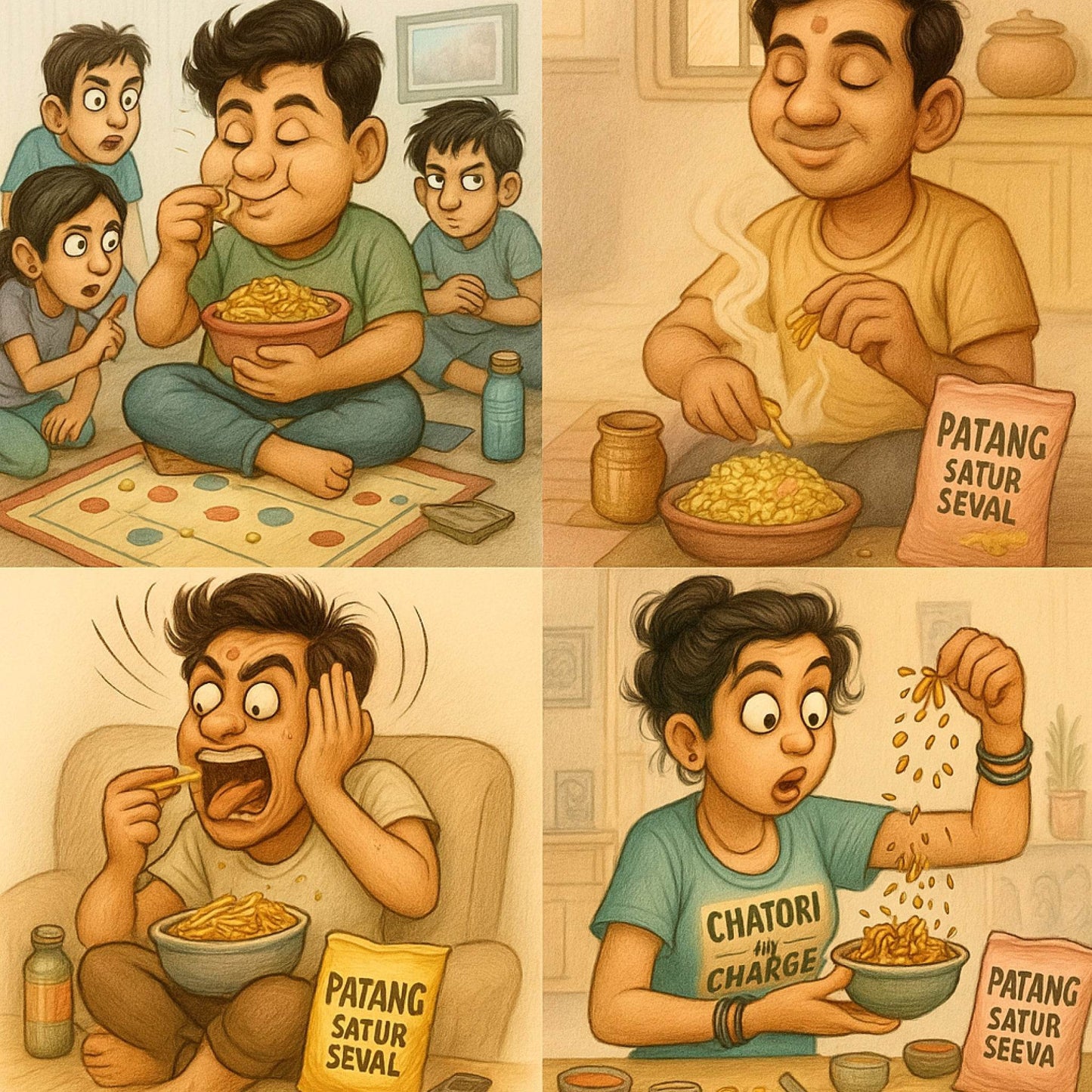 Illustrations of a family enjoying food with various reactions and products displayed.