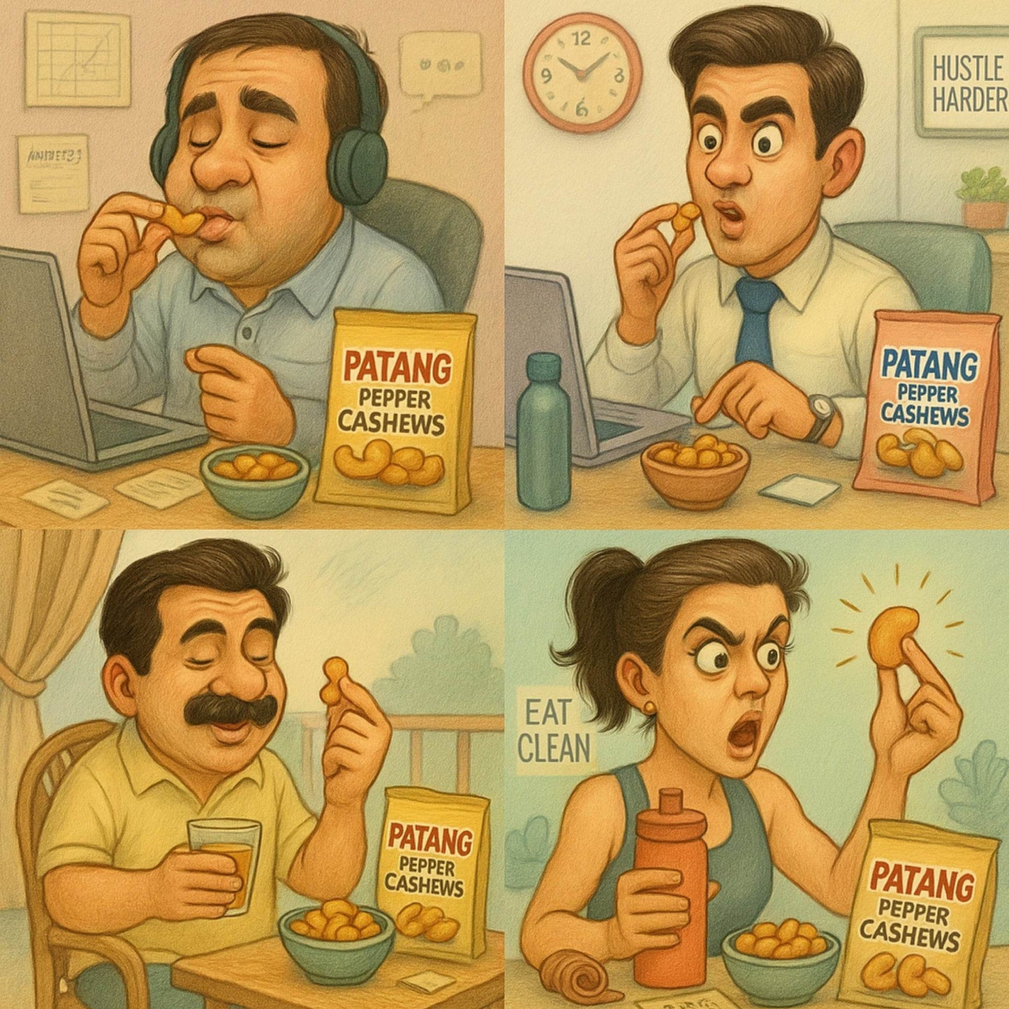 Cartoon-style illustration of people eating Patang Pepper Cashews with product packaging and lifestyle scenes.