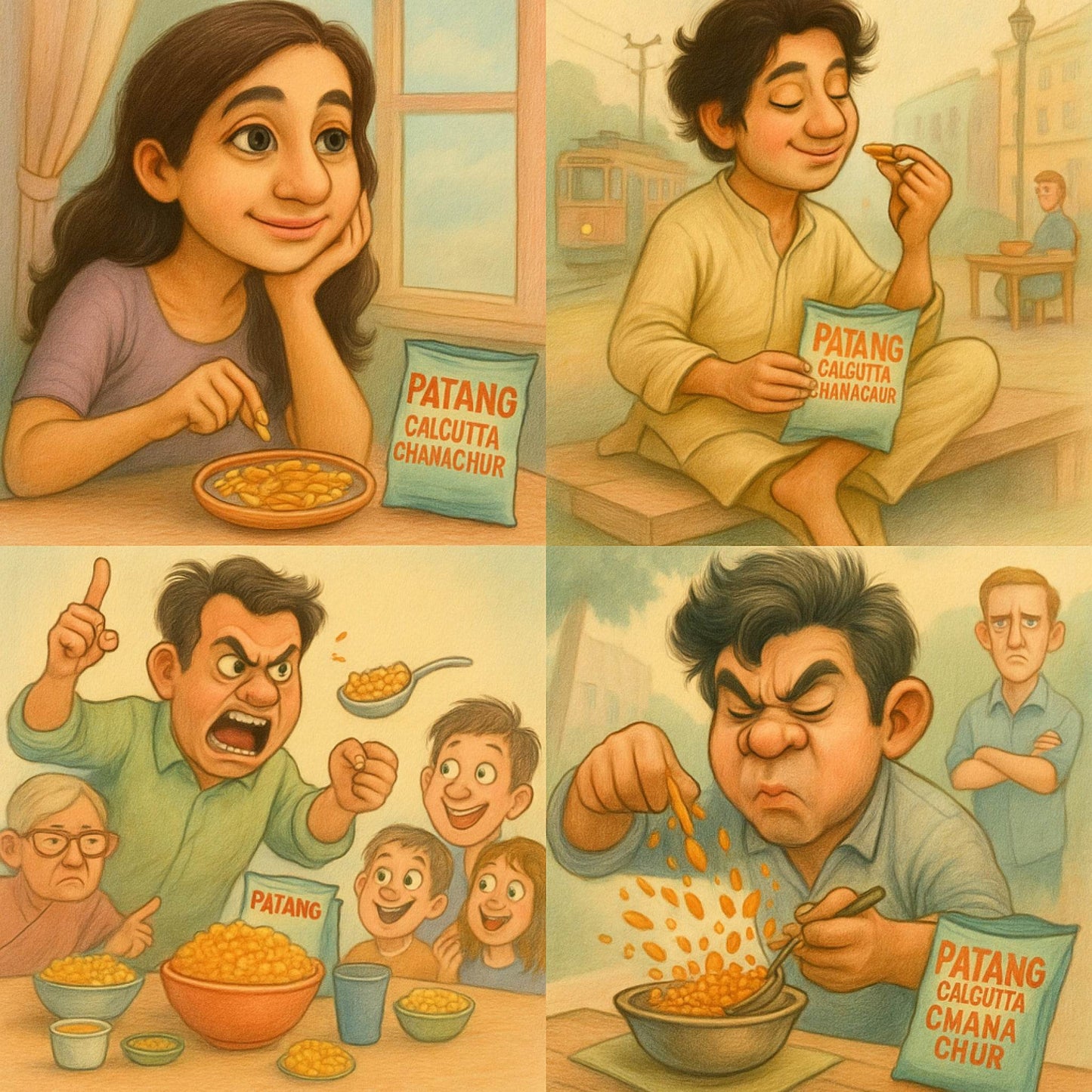Cartoon-style illustration of people eating Patang Calcutta Chanachur with a family scene in the background.