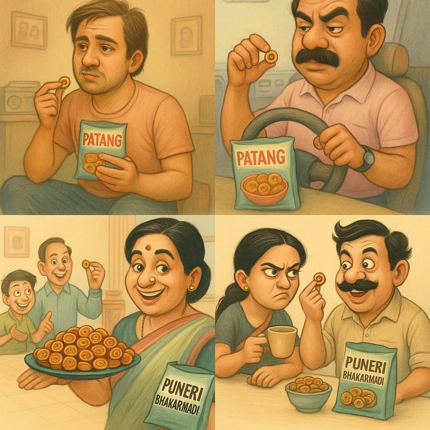 Illustrations of a family enjoying Puneri Bhakarmali snacks with packaging labeled 'Patang' and 'Puneri Bhakarmali'.