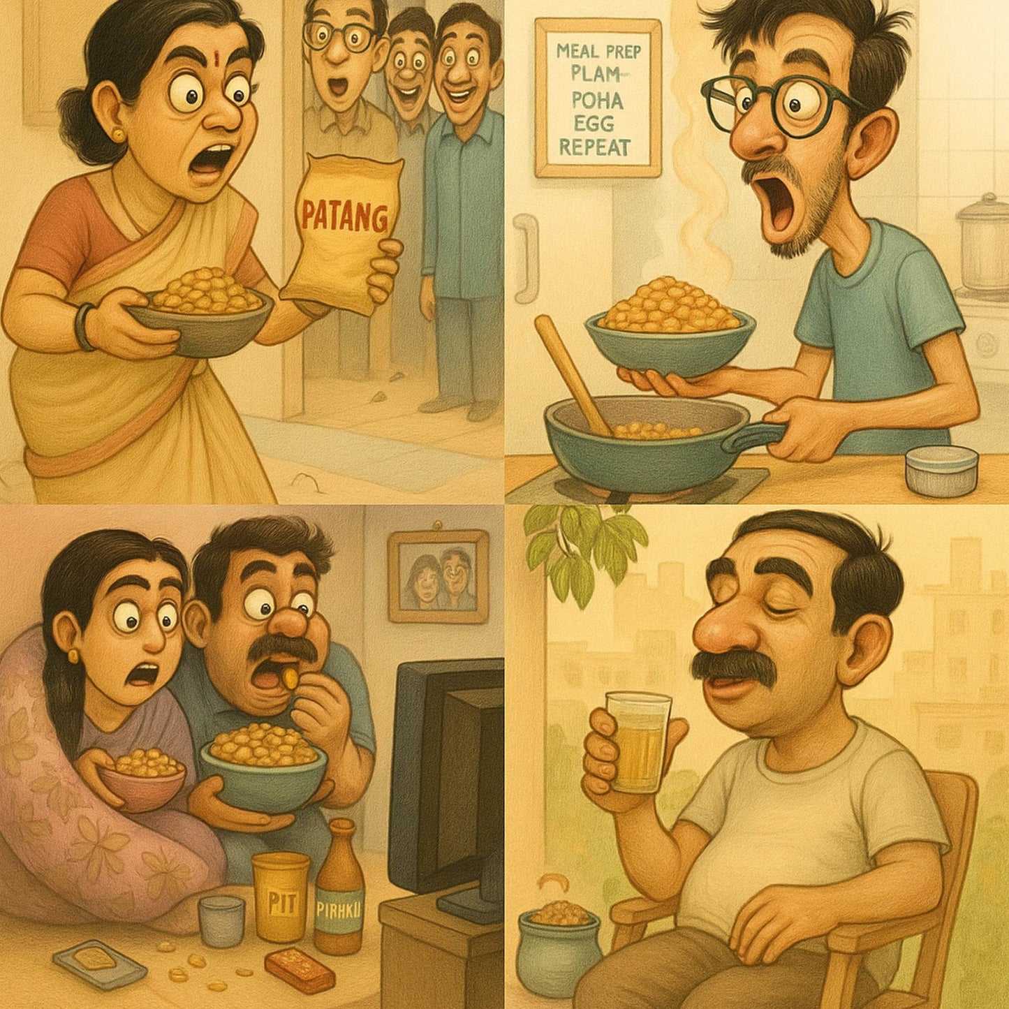 Cartoon sequence showing a family eating Patang and reacting to it.