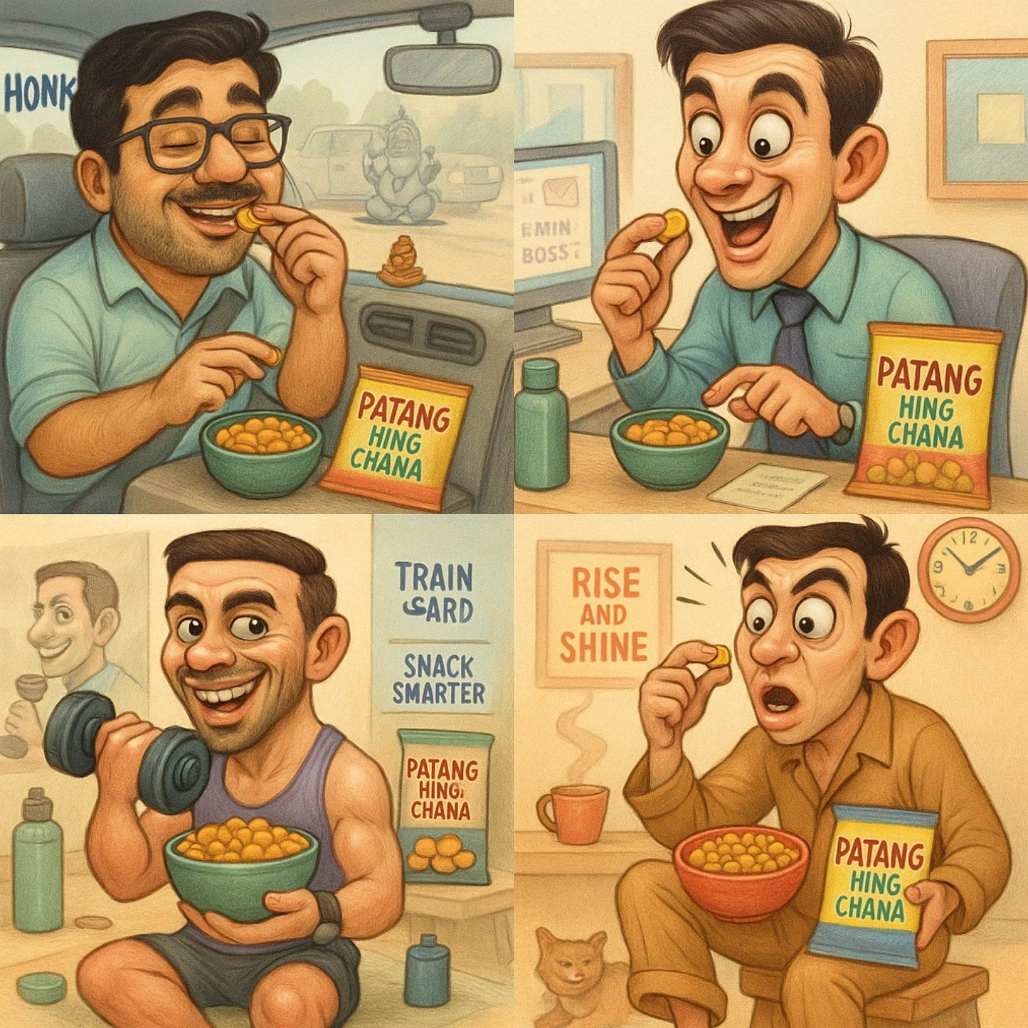 Illustrations of a man eating Patang Hing Chana in various settings with the product prominently displayed.