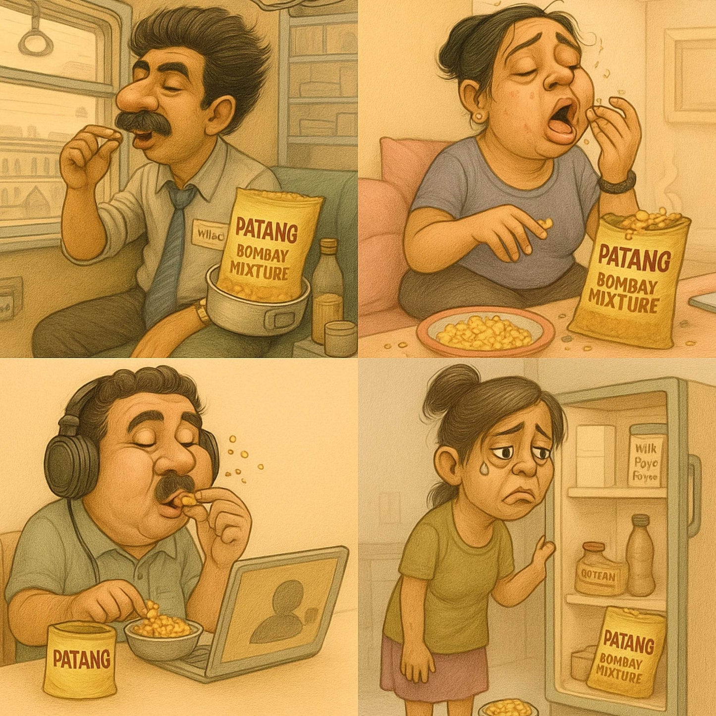 Cartoon-style illustration of a family enjoying Patang Bombay Mixture in different settings.