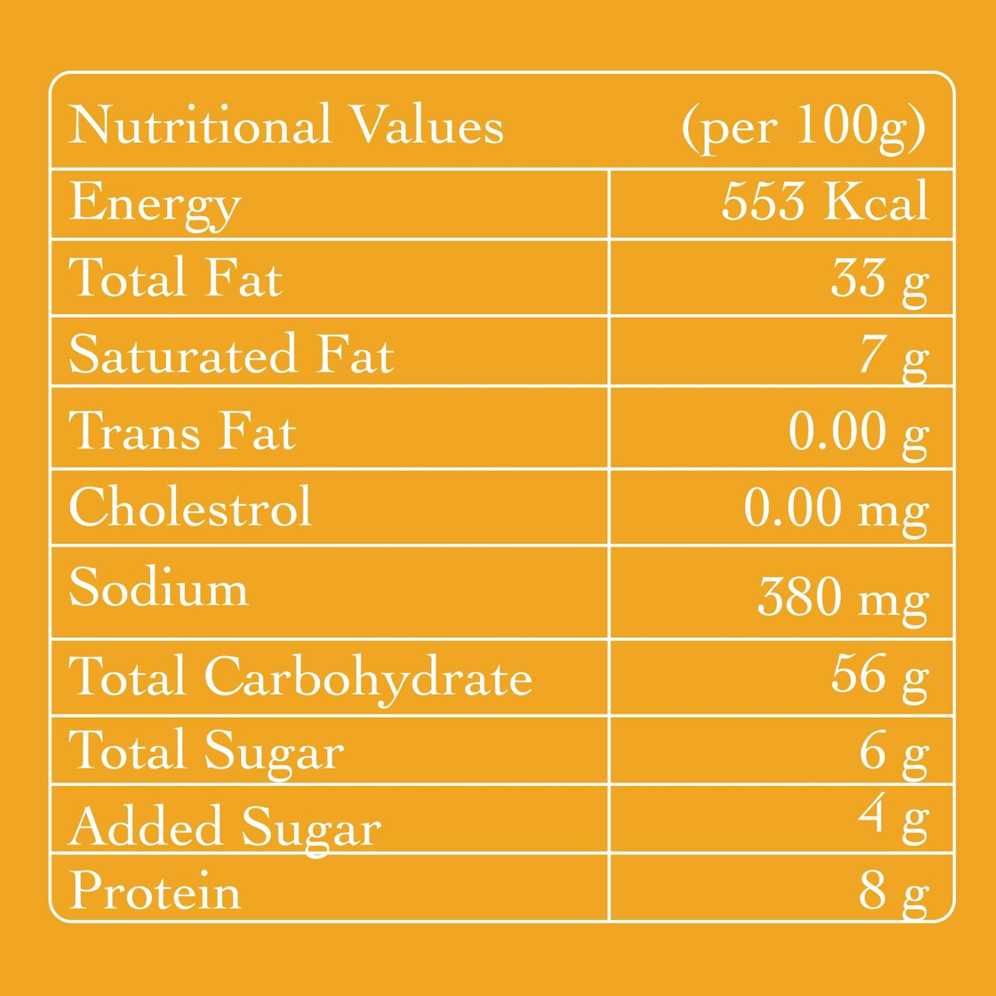 Nutritional values per 100g on a yellow background