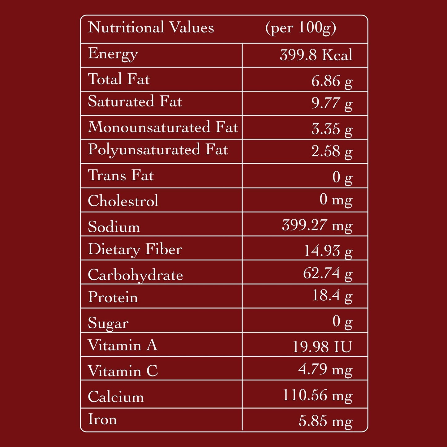 Nutritional values per 100g on a red background