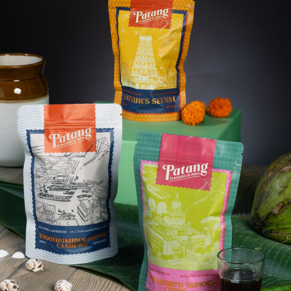 Three Patang brand packages on a dark background with decorative elements.