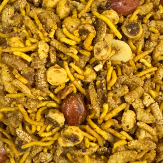 Close-up of a mix of kolkata's famous jhal muri with a focus on texture and color.