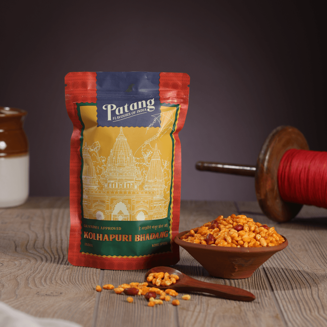 Patang Koshapuri Bhaaji bag with ingredients on a wooden surface