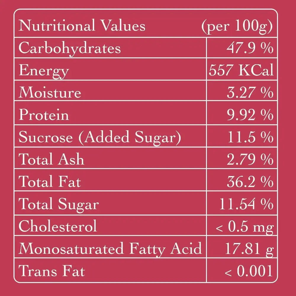Nutritional information label for Bhakarwadi - a clean label Indian snack free from palm oil and preservatives