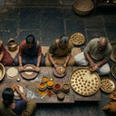 People making traditional snacks in a rustic setting with various kitchen items.