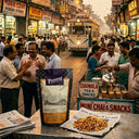 Street scene with people, a tram, and snack vendors in an urban setting.
