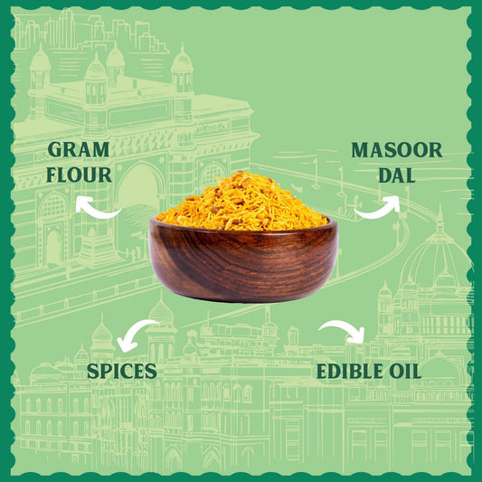 Wooden bowl with yellow powder on a green background with architectural elements