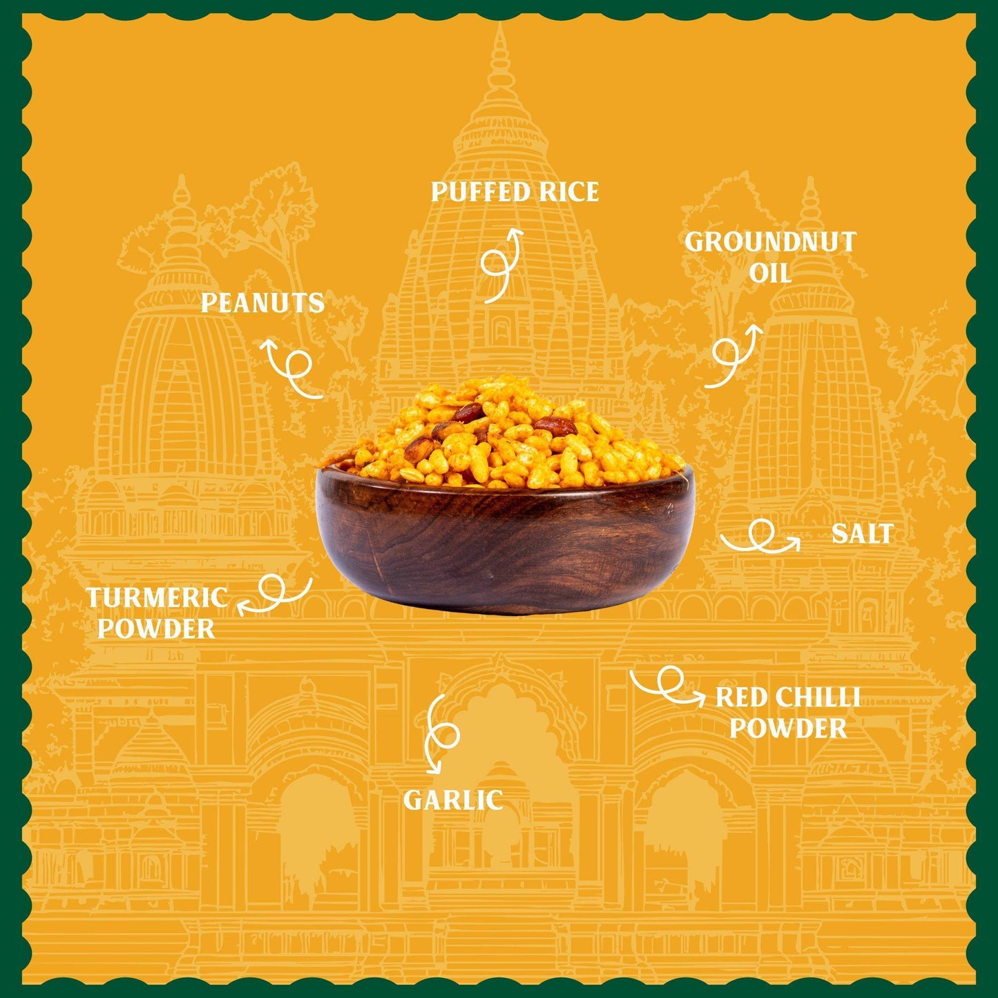 Bowl of puffed rice with labeled ingredients on a yellow background with temple illustrations