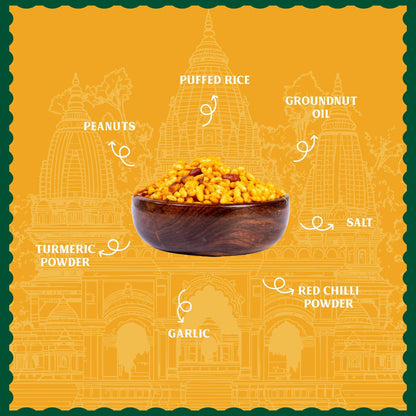 Bowl of puffed rice with labeled ingredients on a yellow background with temple illustrations