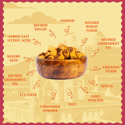 Wooden bowl with snacks on a decorative background with ingredient names.