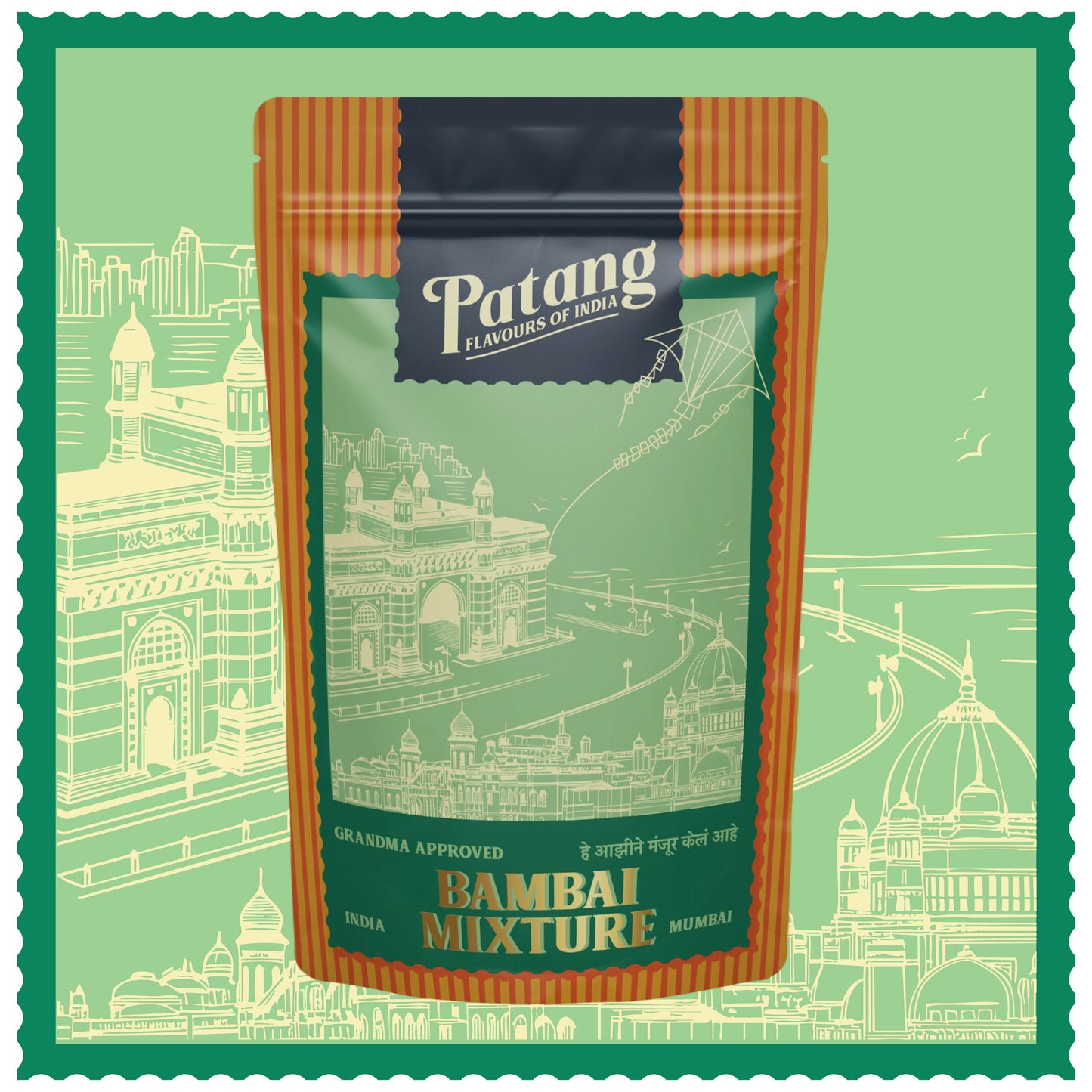 Patang Bambai Mixture packaging with a green background and cityscape illustration.
