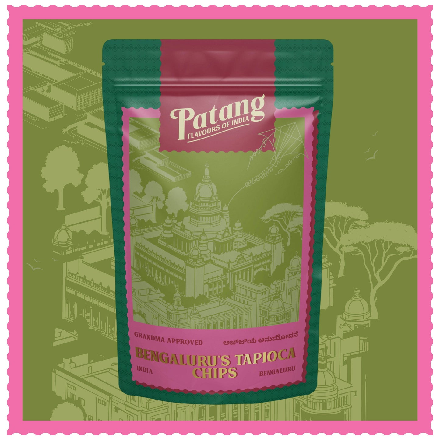 Patang brand packaging of Bengaluru's Tapioca Chips on a green background with architectural illustrations.