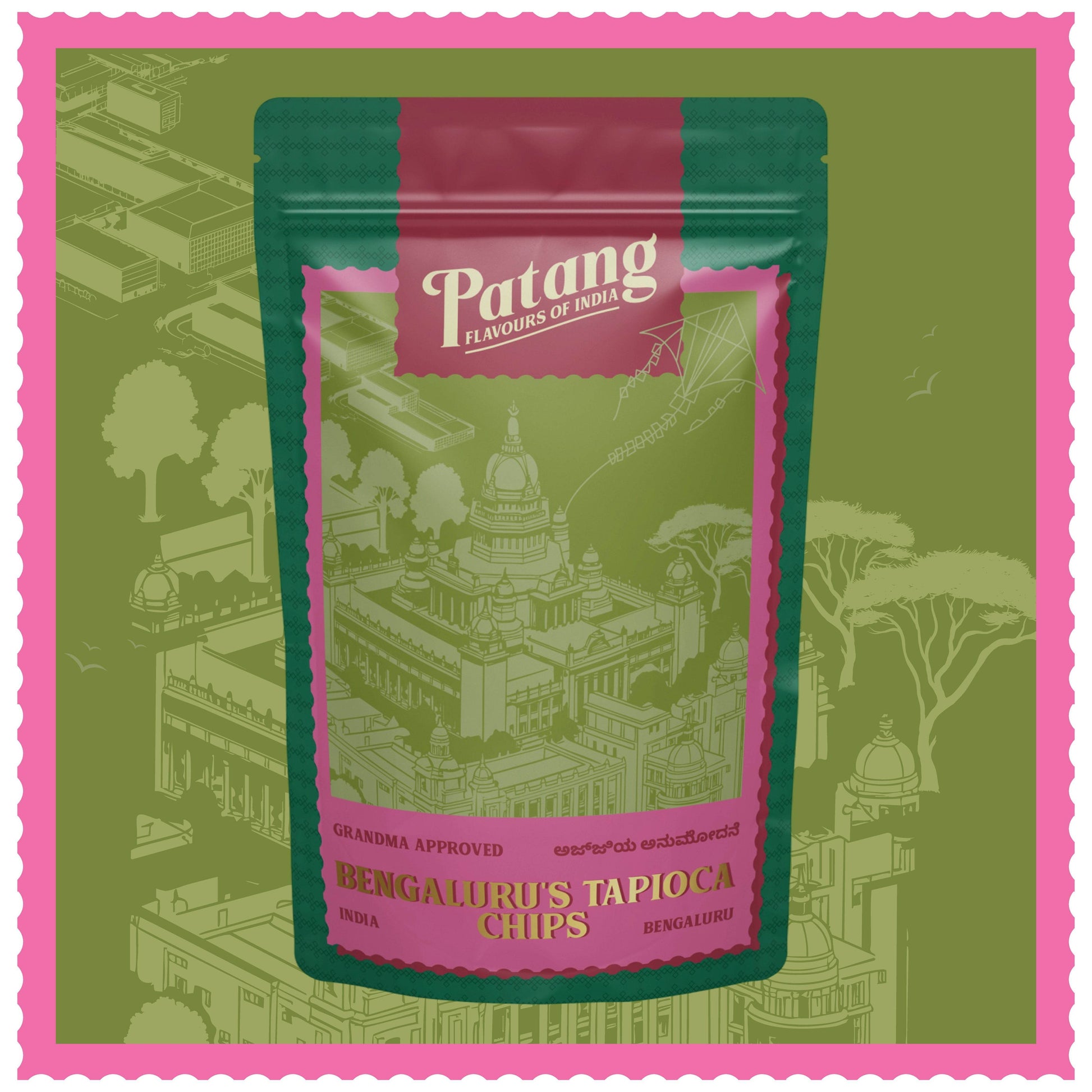 Patang brand packaging of Bengaluru's Tapioca Chips on a green background with architectural illustrations.