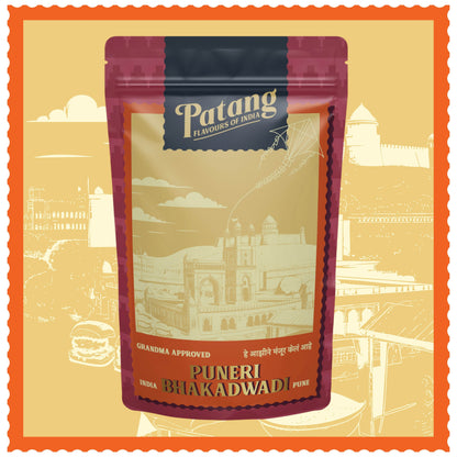 Patang Puneri Bhakadwadi packaging with a decorative background