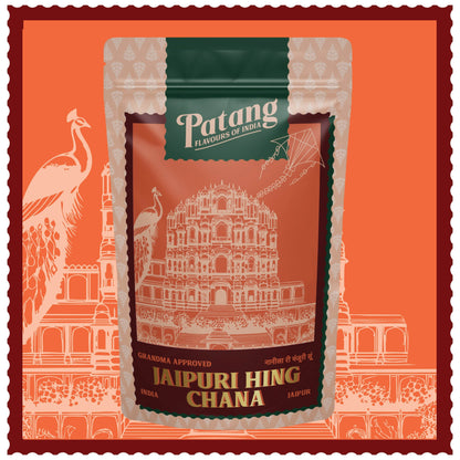 Patang Flavors of India packaging on an orange background with temple design