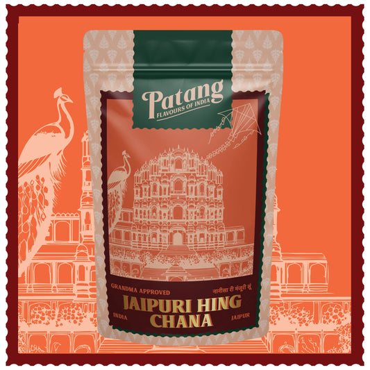 Patang Flavors of India packaging on an orange background with temple design