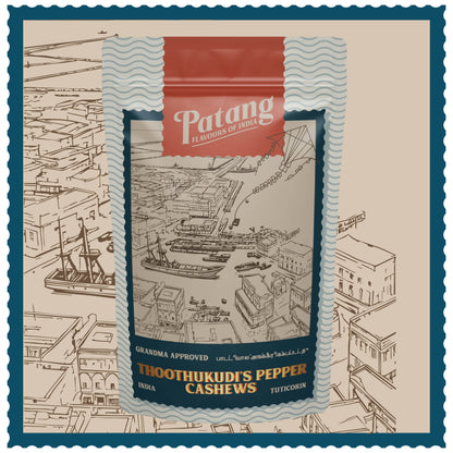Vintage-style packaging of Patang Thoothukudi's Pepper Cashews with a port scene illustration.