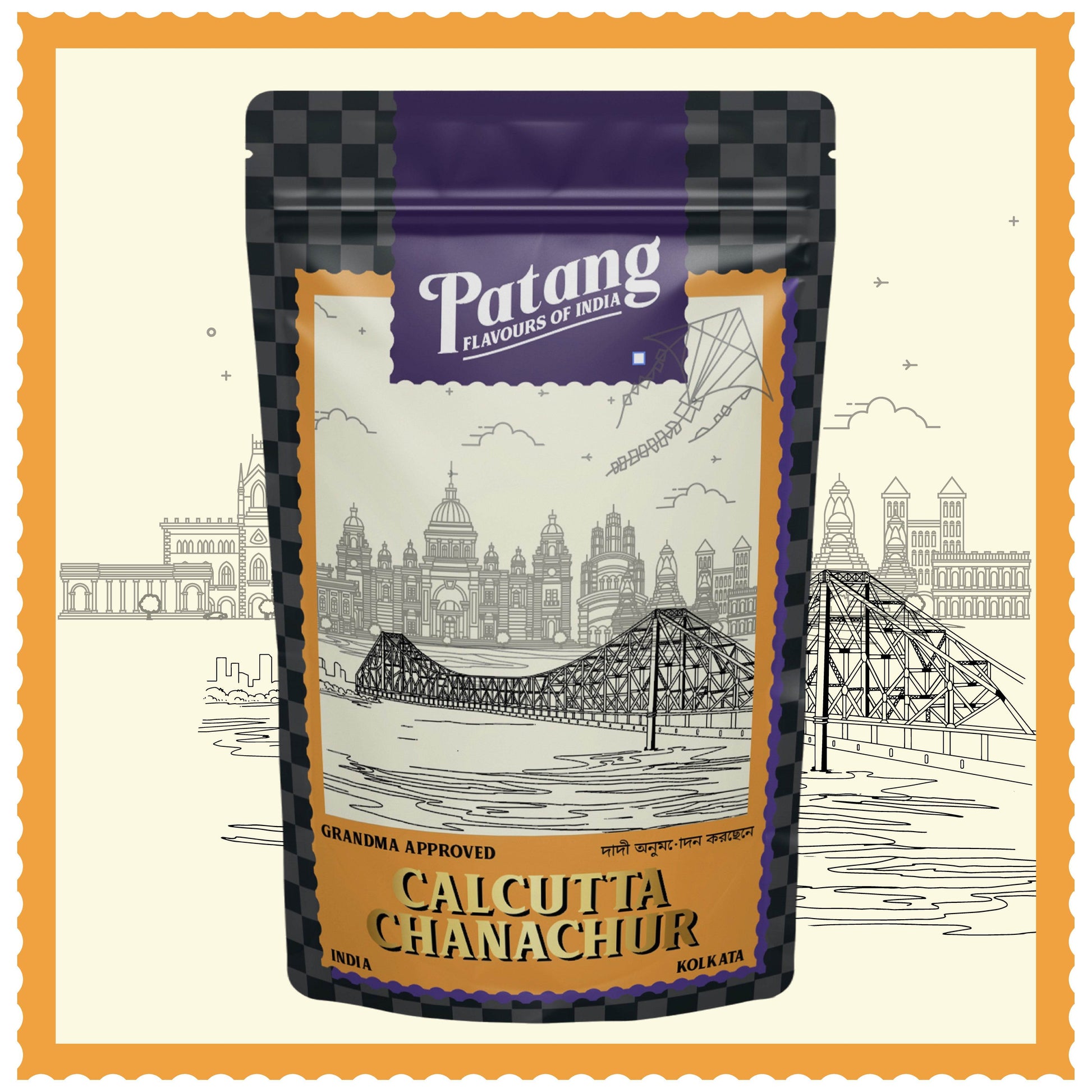 Patang Calcutta Chanachur packaging with cityscape illustration on a decorative border