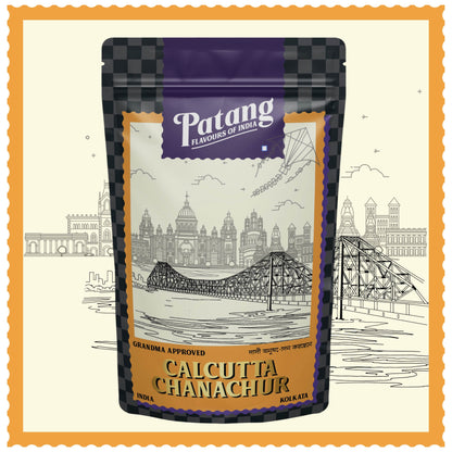 Patang Calcutta Chanachur packaging with cityscape illustration on a decorative border