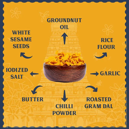 Authentic ingredients of Sattur Seeval namkeen including rice flour, gram flour, and chili cooked in pure groundnut oil