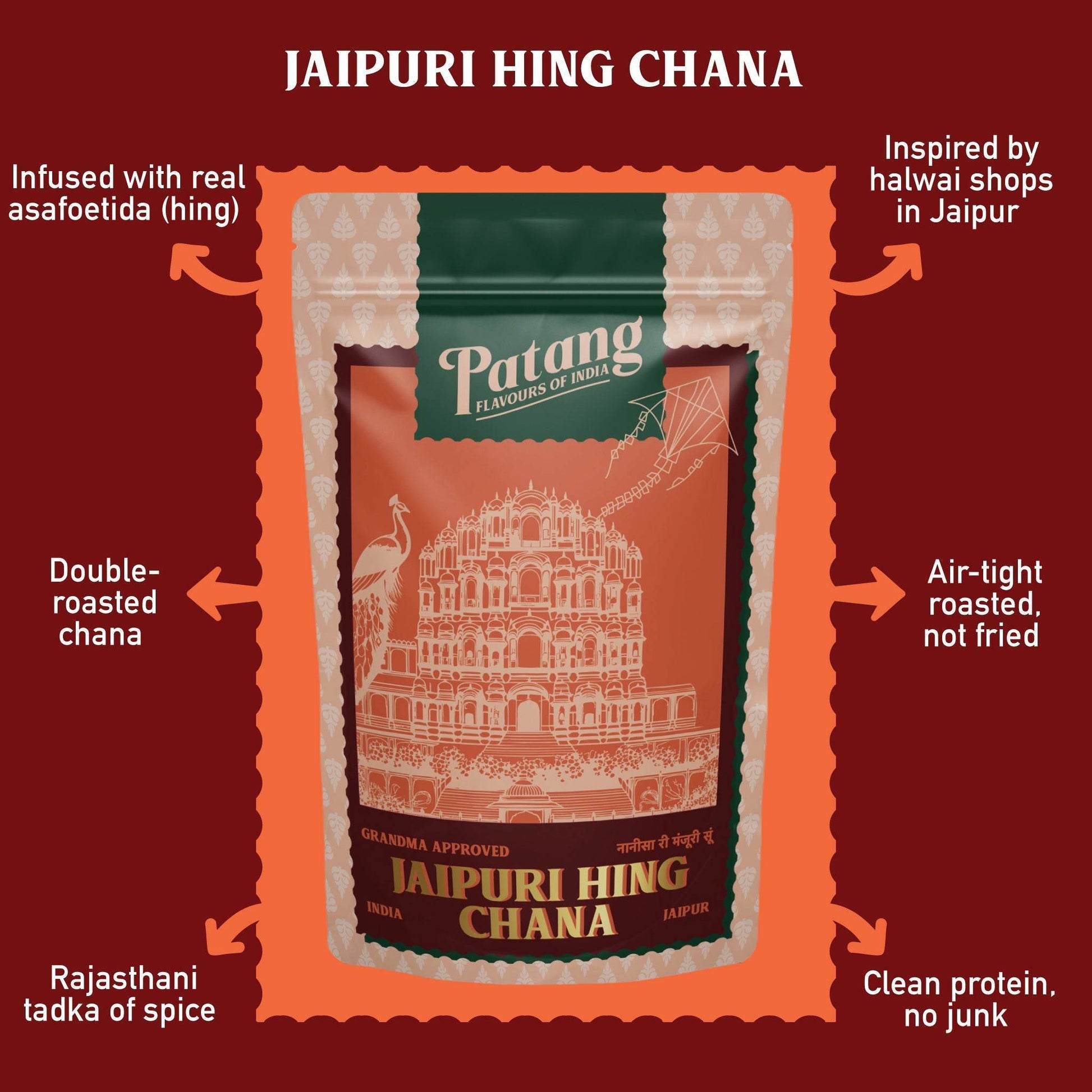 Patang Jaipuri Hing Chana packaging with product details on a red background