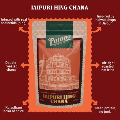 Patang Jaipuri Hing Chana packaging with product details on a red background